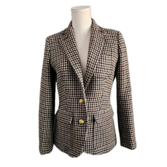 J. Crew Factory Jackets & Blazers - J. Crew Women Black/Brown Houndstooth Blazer Size 2 Gold Metal Crest Buttons